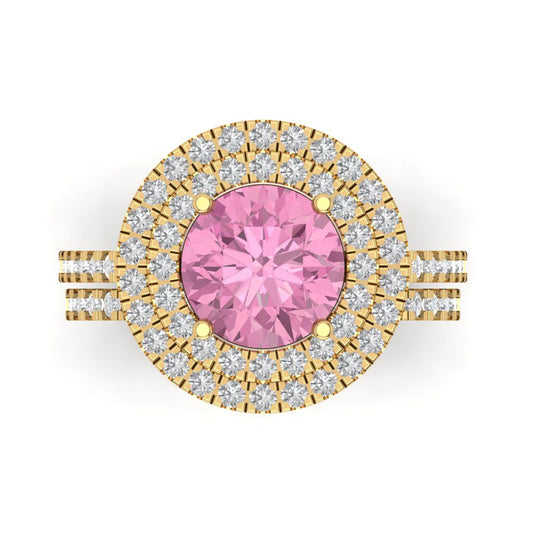 2.73 cttw Round Cut Simulated Pink Diamond Bridal Set - Solid Yellow Gold Engagement Ring & Wedding Band