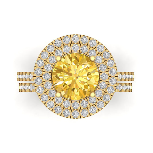 2.73 cttw Round Cut Simulated Yellow Diamond Bridal Set - Solid Yellow Gold Engagement Ring & Wedding Band