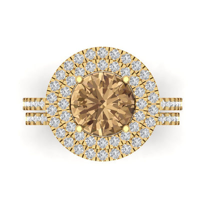 2.73 cttw Round Cut Simulated Champagne Diamond Bridal Set - Solid Yellow Gold Engagement Ring & Wedding Band