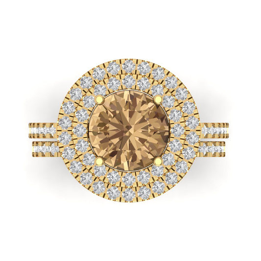 2.73 cttw Round Cut Simulated Champagne Diamond Bridal Set - Solid Yellow Gold Engagement Ring & Wedding Band