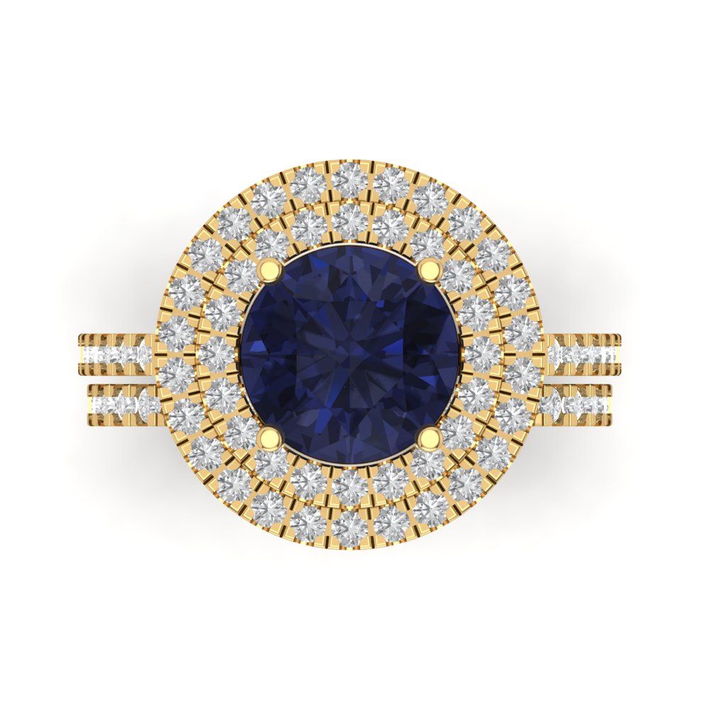 2.73 cttw Round Cut Simulated Blue Sapphire Bridal Set - Solid Yellow Gold Engagement Ring & Wedding Band