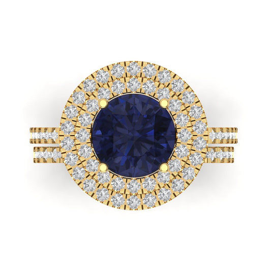 2.73 cttw Round Cut Simulated Blue Sapphire Bridal Set - Solid Yellow Gold Engagement Ring & Wedding Band