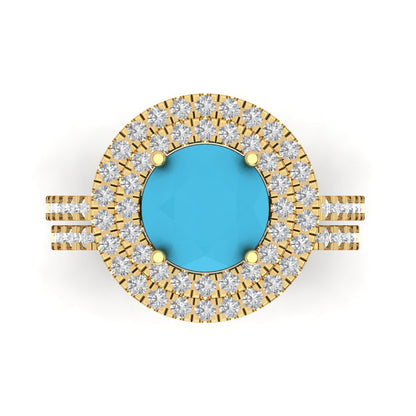 2.73 cttw Round Cut Simulated Turquoise Bridal Set - Solid Yellow Gold Engagement Ring & Wedding Band