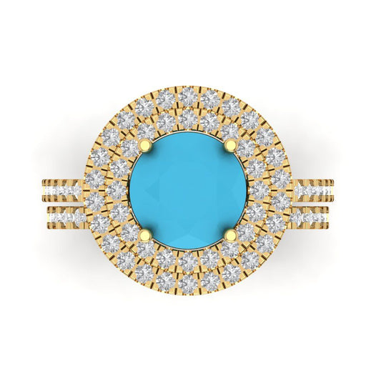 2.73 cttw Round Cut Simulated Turquoise Bridal Set - Solid Yellow Gold Engagement Ring & Wedding Band