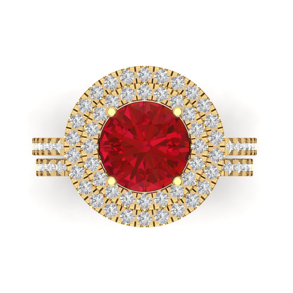 2.73 cttw Round Cut Simulated Ruby Bridal Set - Solid Yellow Gold Engagement Ring & Wedding Band