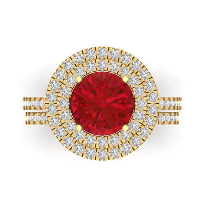 2.73 cttw Round Cut Simulated Ruby Bridal Set - Solid Yellow Gold Engagement Ring & Wedding Band
