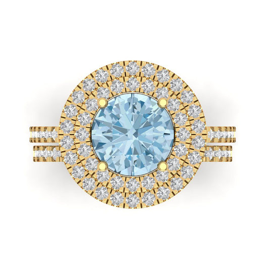 2.73 cttw Round Cut Natural Sky Blue Topaz Bridal Set - Solid Yellow Gold Engagement Ring & Wedding Band