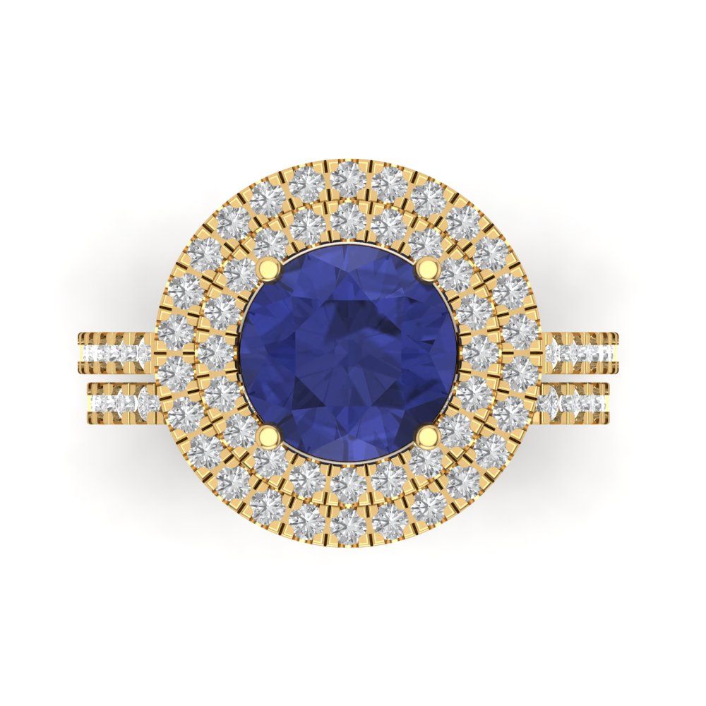 2.73 cttw Round Cut Simulated Tanzanite Bridal Set - Solid Yellow Gold Engagement Ring & Wedding Band
