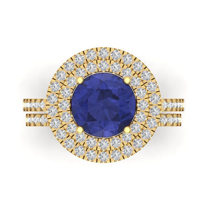 2.73 cttw Round Cut Simulated Tanzanite Bridal Set - Solid Yellow Gold Engagement Ring & Wedding Band