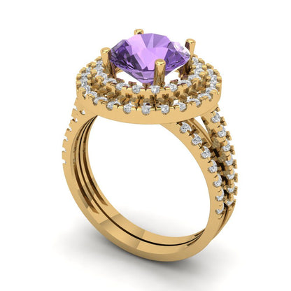 2.73 cttw Round Cut Simulated Alexandrite Bridal Set - Solid Yellow Gold Engagement Ring & Wedding Band