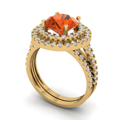 2.73 cttw Round Cut Simulated Red Diamond Bridal Set - Solid Yellow Gold Engagement Ring & Wedding Band
