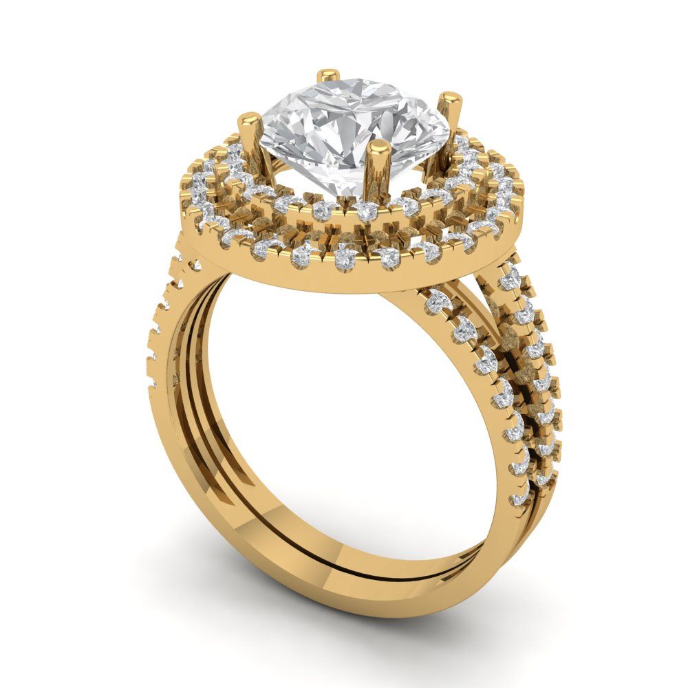 2.73 cttw Round Cut Zirconia Simulated Diamond Bridal Set - Solid Yellow Gold Engagement Ring & Wedding Band