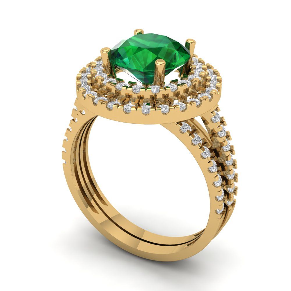 2.73 cttw Round Cut Simulated Emerald Bridal Set - Solid Yellow Gold Engagement Ring & Wedding Band