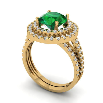 2.73 cttw Round Cut Simulated Emerald Bridal Set - Solid Yellow Gold Engagement Ring & Wedding Band