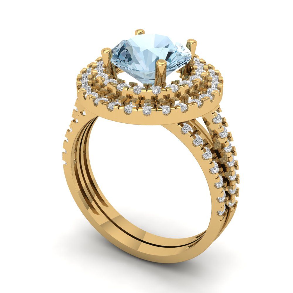 2.73 cttw Round Cut Natural Aquamarine Bridal Set - Solid Yellow Gold Engagement Ring & Wedding Band