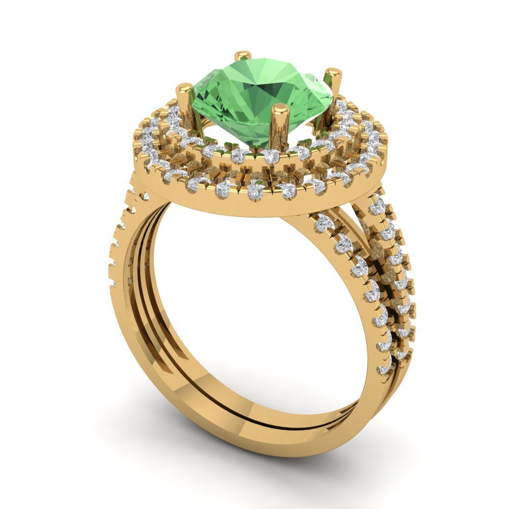2.73 cttw Round Cut Simulated Green Diamond Bridal Set - Solid Yellow Gold Engagement Ring & Wedding Band