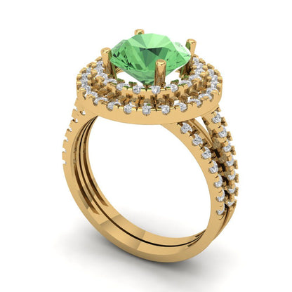 2.73 cttw Round Cut Simulated Green Diamond Bridal Set - Solid Yellow Gold Engagement Ring & Wedding Band