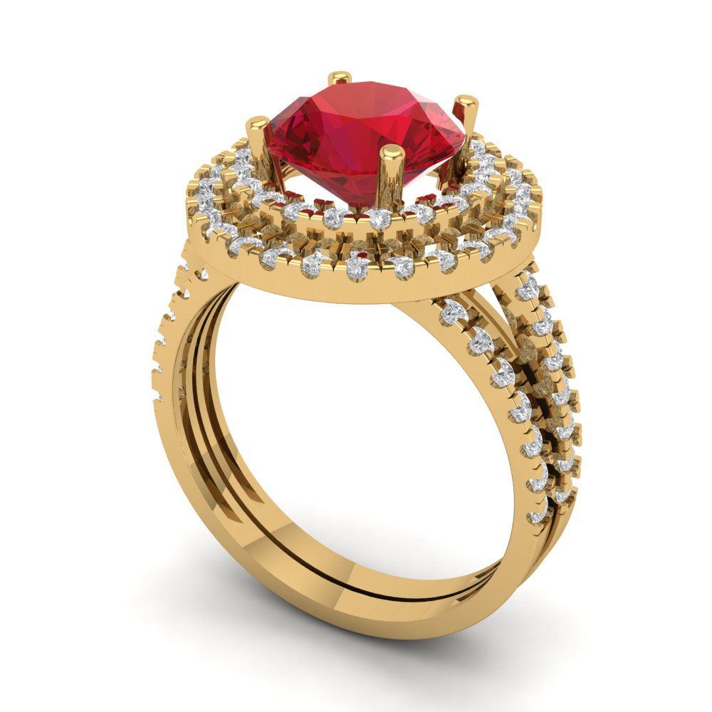 2.73 cttw Round Cut Simulated Ruby Bridal Set - Solid Yellow Gold Engagement Ring & Wedding Band