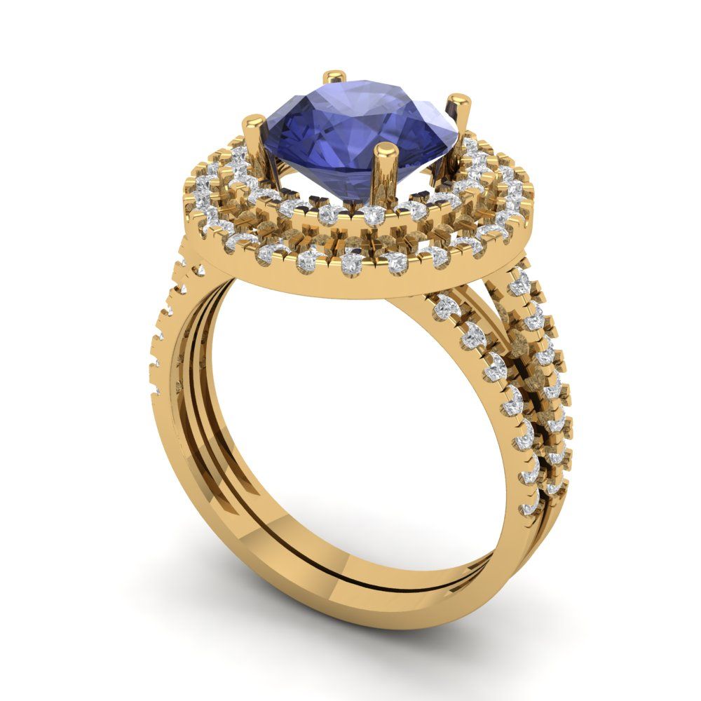 2.73 cttw Round Cut Simulated Tanzanite Bridal Set - Solid Yellow Gold Engagement Ring & Wedding Band