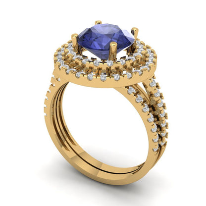 2.73 cttw Round Cut Simulated Tanzanite Bridal Set - Solid Yellow Gold Engagement Ring & Wedding Band