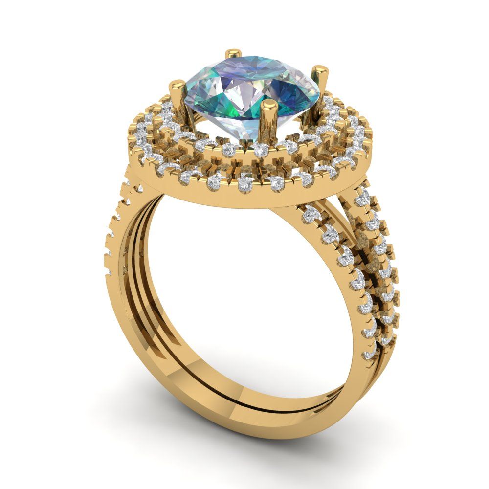2.73 cttw Round Cut Blue Moissanite Bridal Set - Solid Yellow Gold Engagement Ring & Wedding Band