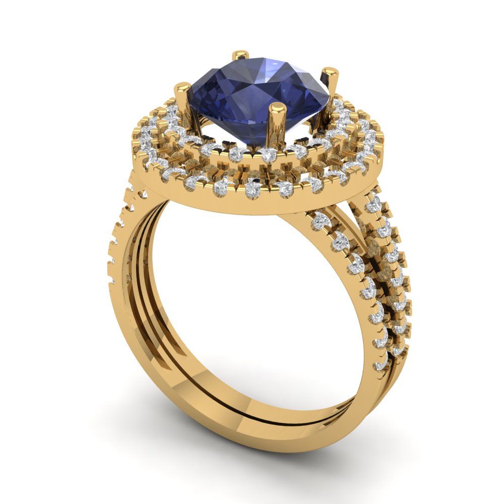 2.73 cttw Round Cut Simulated Blue Sapphire Bridal Set - Solid Yellow Gold Engagement Ring & Wedding Band