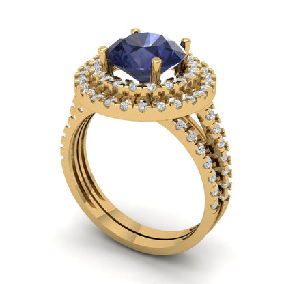 2.73 cttw Round Cut Simulated Blue Sapphire Bridal Set - Solid Yellow Gold Engagement Ring & Wedding Band
