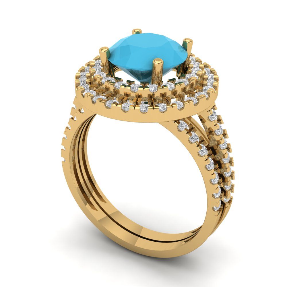 2.73 cttw Round Cut Simulated Turquoise Bridal Set - Solid Yellow Gold Engagement Ring & Wedding Band