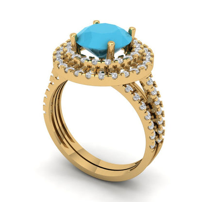 2.73 cttw Round Cut Simulated Turquoise Bridal Set - Solid Yellow Gold Engagement Ring & Wedding Band