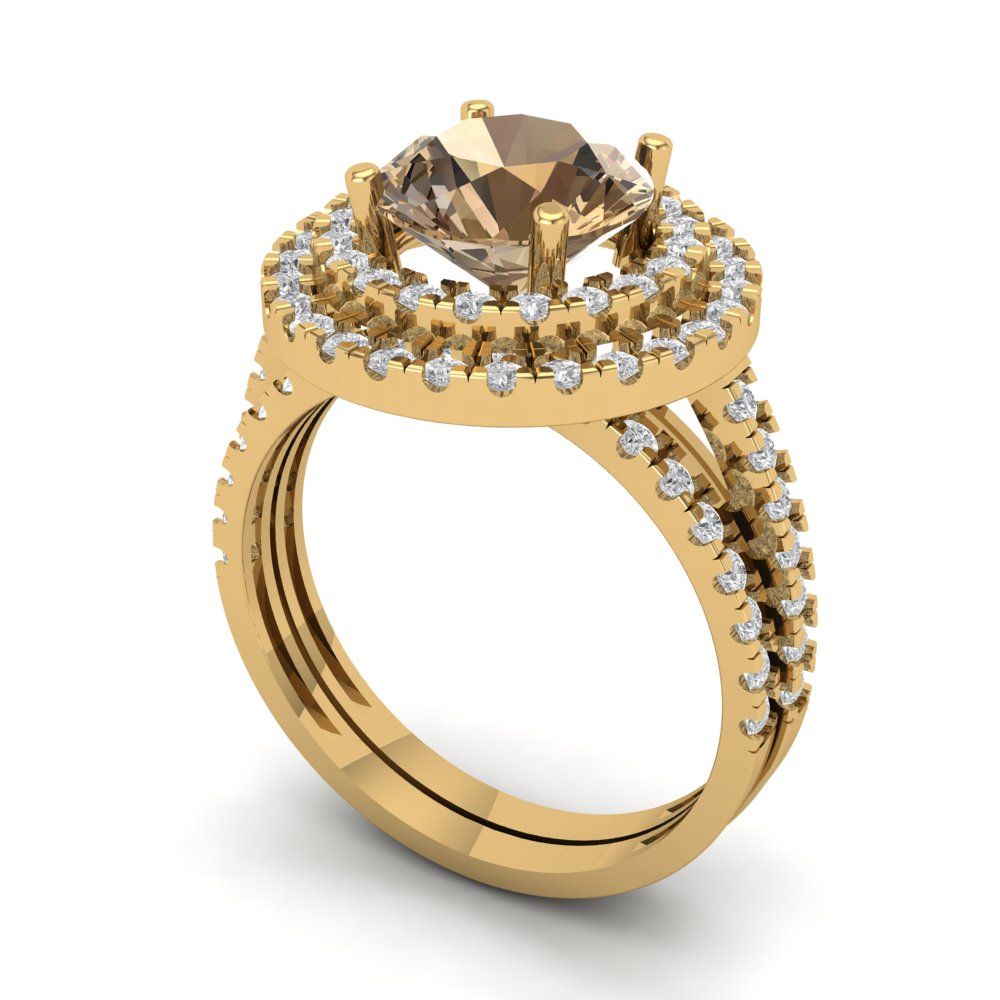 2.73 cttw Round Cut Simulated Champagne Diamond Bridal Set - Solid Yellow Gold Engagement Ring & Wedding Band