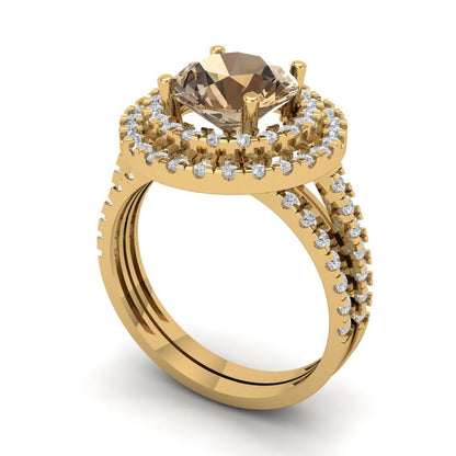 2.73 cttw Round Cut Simulated Champagne Diamond Bridal Set - Solid Yellow Gold Engagement Ring & Wedding Band