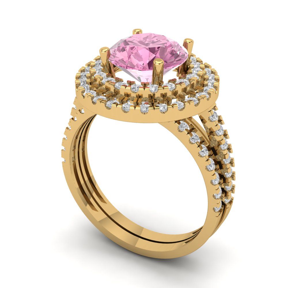 2.73 cttw Round Cut Simulated Pink Diamond Bridal Set - Solid Yellow Gold Engagement Ring & Wedding Band