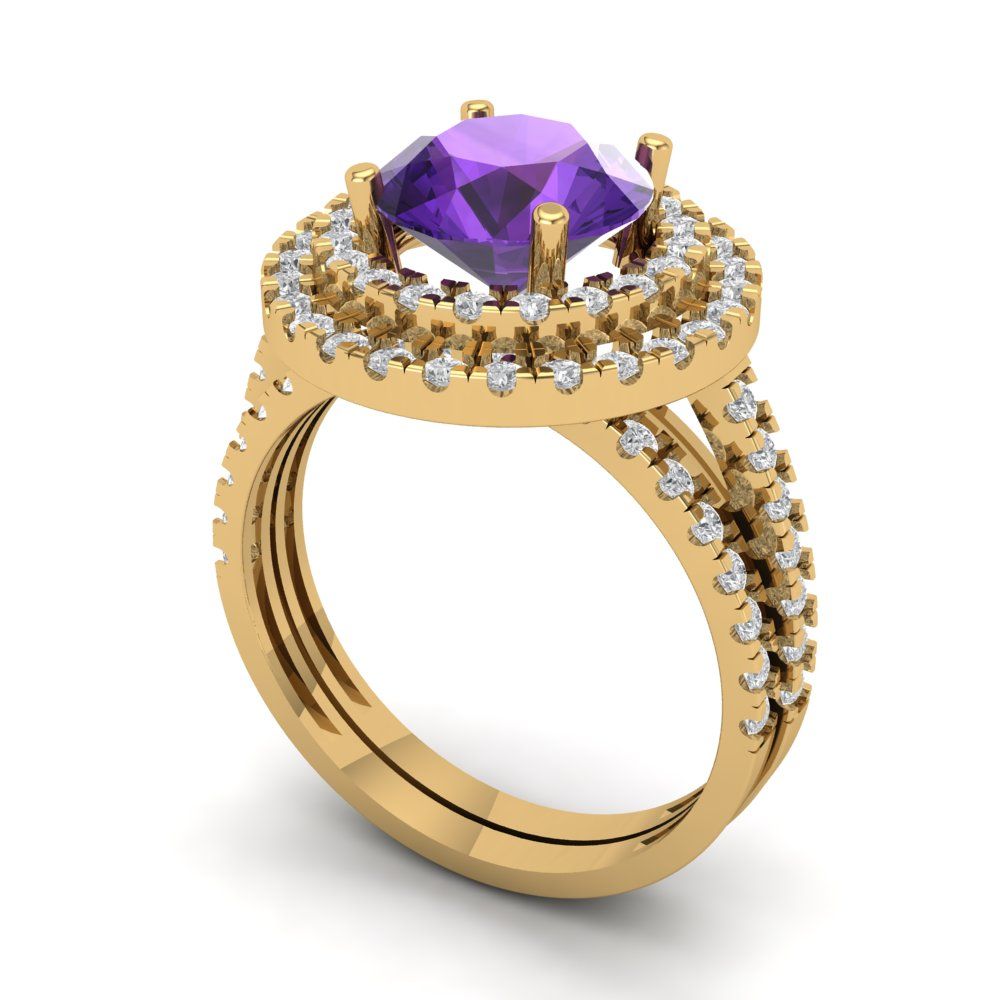 2.73 cttw Round Cut Natural Amethyst Bridal Set - Solid Yellow Gold Engagement Ring & Wedding Band