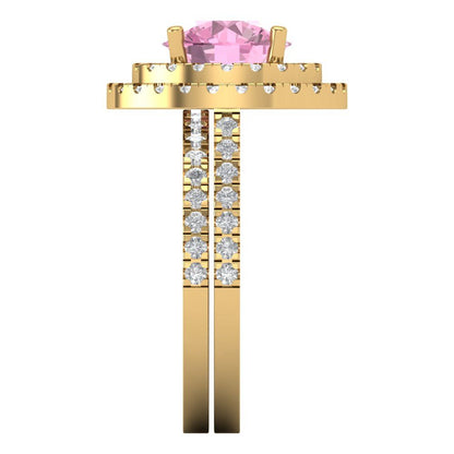 2.73 cttw Round Cut Simulated Pink Diamond Bridal Set - Solid Yellow Gold Engagement Ring & Wedding Band