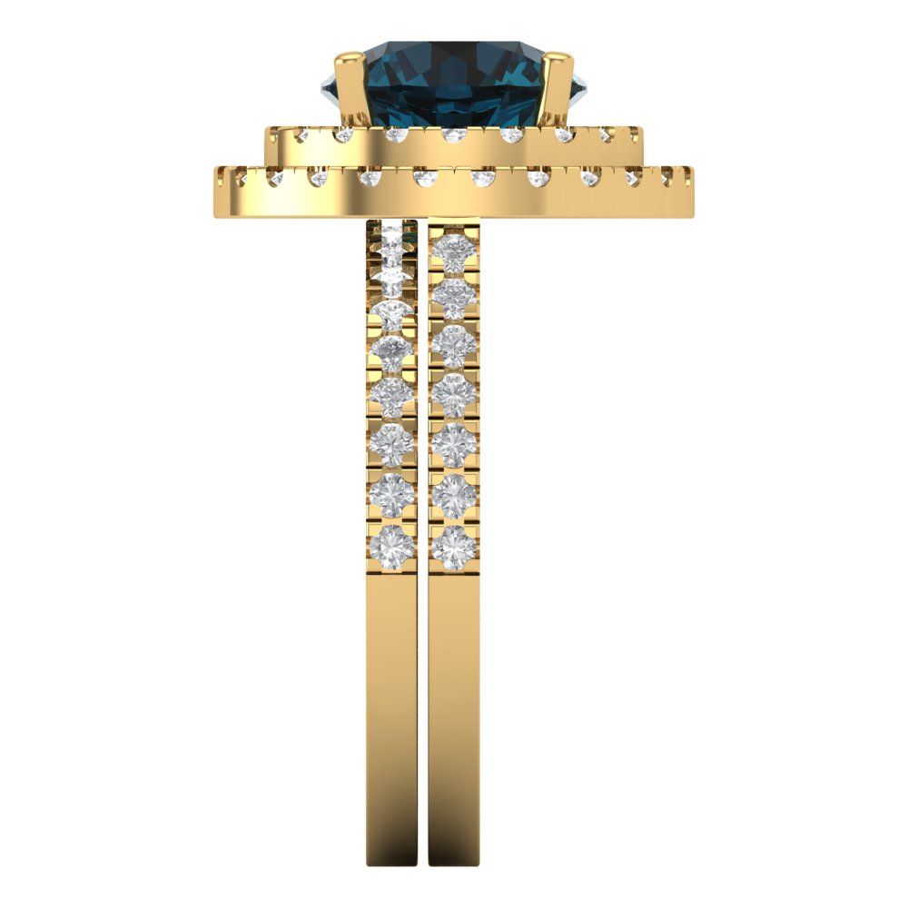 2.73 cttw Round Cut Natural London Blue Topaz Bridal Set - Solid Yellow Gold Engagement Ring & Wedding Band