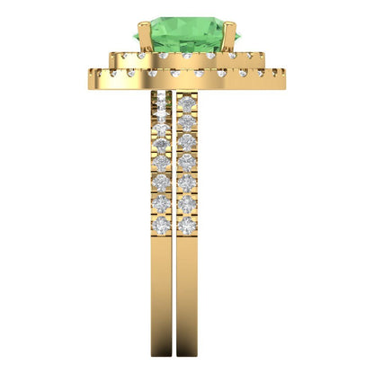 2.73 cttw Round Cut Simulated Green Diamond Bridal Set - Solid Yellow Gold Engagement Ring & Wedding Band