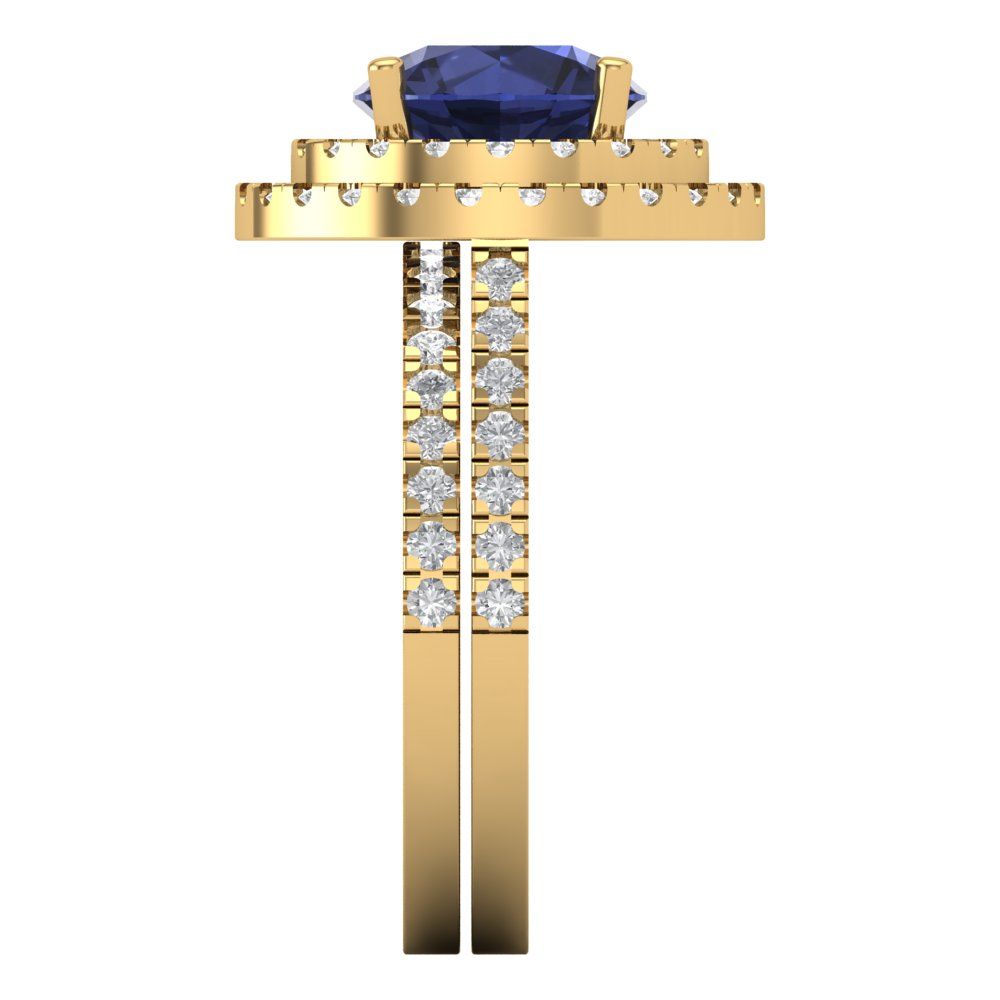 2.73 cttw Round Cut Simulated Blue Sapphire Bridal Set - Solid Yellow Gold Engagement Ring & Wedding Band
