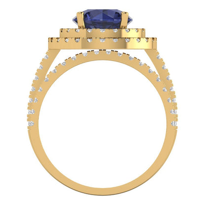 2.73 cttw Round Cut Simulated Blue Sapphire Bridal Set - Solid Yellow Gold Engagement Ring & Wedding Band