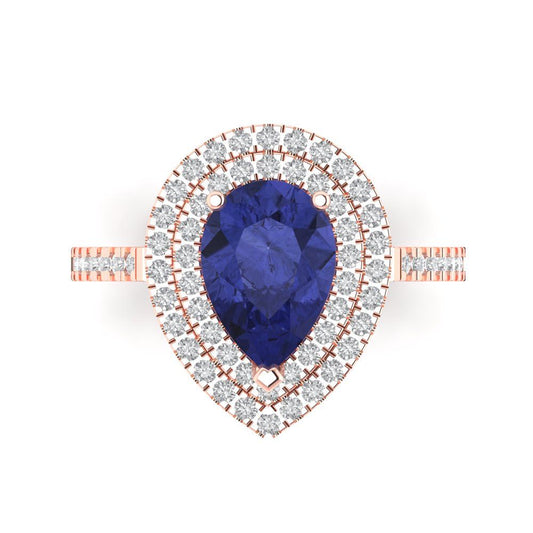 2.48 cttw Simulated Tanzanite Hidden Halo Engagement Ring - Solid Rose Gold (VVS1, Pear Cut,10X7mm )