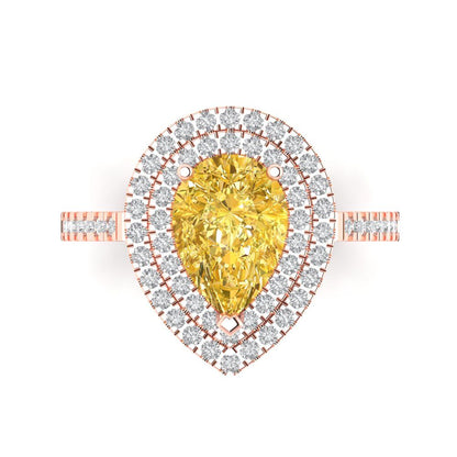 2.48 cttw Zirconia Simulated Yellow Diamond Hidden Halo Engagement Ring - Solid Rose Gold (VVS1, Pear Cut,10X7mm )