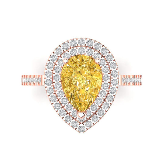 2.48 cttw Zirconia Simulated Yellow Diamond Hidden Halo Engagement Ring - Solid Rose Gold (VVS1, Pear Cut,10X7mm )