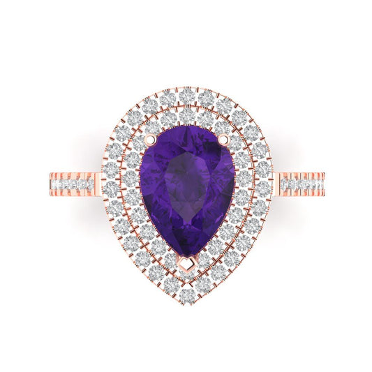 2.48 cttw Natural Amethyst Hidden Halo Engagement Ring - Solid Rose Gold (VVS1, Pear Cut,10X7mm )