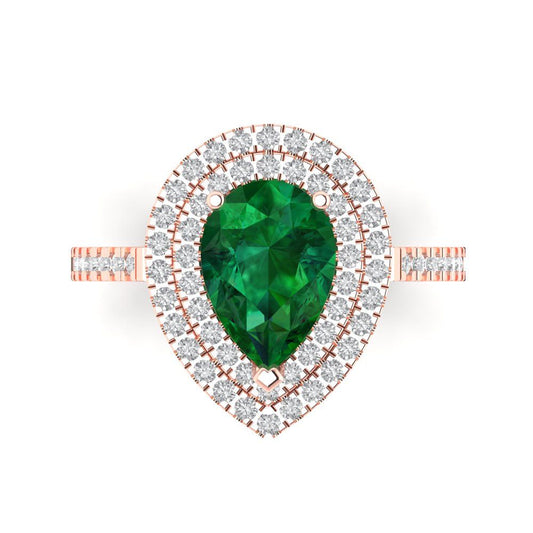 2.48 cttw Simulated Emerald Hidden Halo Engagement Ring - Solid Rose Gold (VVS1, Pear Cut,10X7mm )