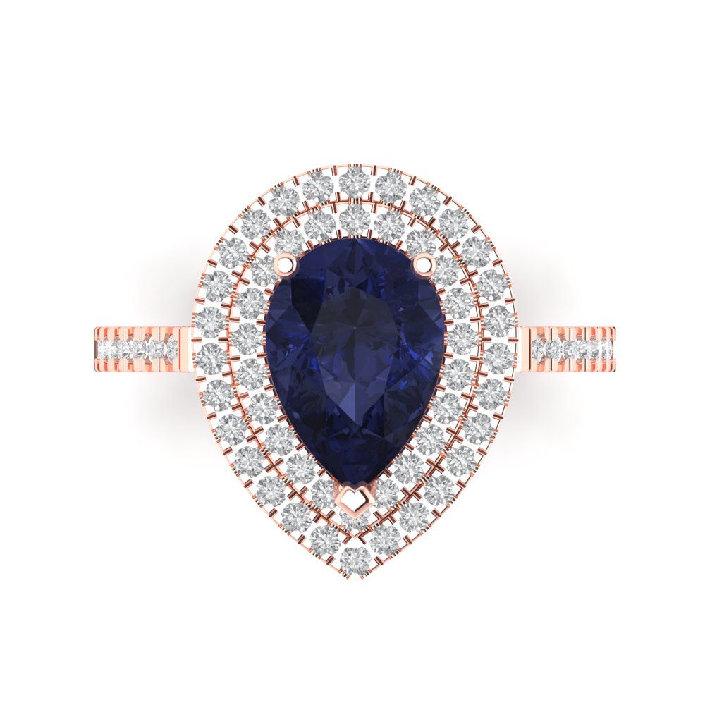 2.48 cttw Simulated Blue Sapphire Hidden Halo Engagement Ring - Solid Rose Gold (VVS1, Pear Cut,10X7mm )