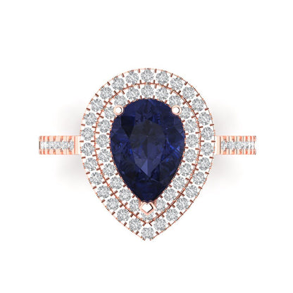2.48 cttw Simulated Blue Sapphire Hidden Halo Engagement Ring - Solid Rose Gold (VVS1, Pear Cut,10X7mm )