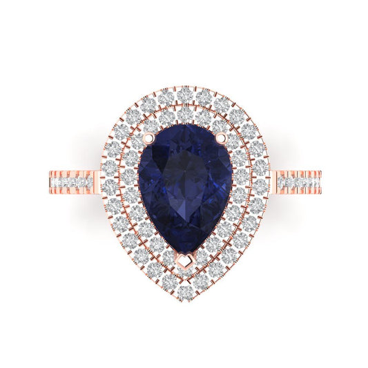 2.48 cttw Simulated Blue Sapphire Hidden Halo Engagement Ring - Solid Rose Gold (VVS1, Pear Cut,10X7mm )