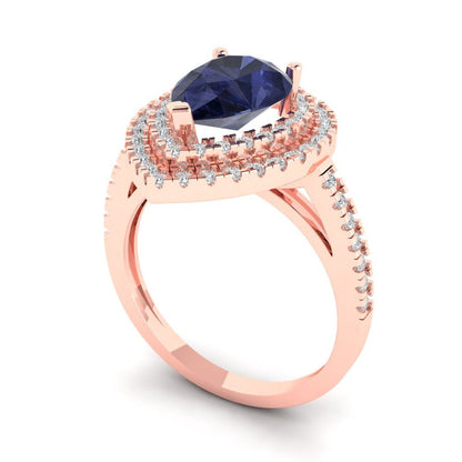 2.48 cttw Simulated Blue Sapphire Hidden Halo Engagement Ring - Solid Rose Gold (VVS1, Pear Cut,10X7mm )