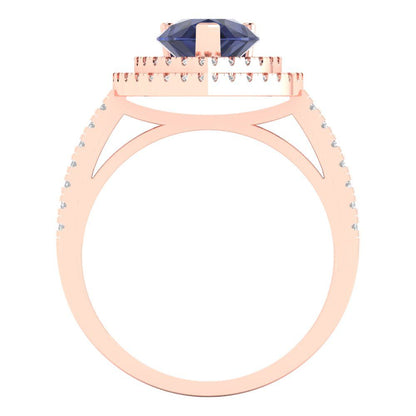 2.48 cttw Simulated Blue Sapphire Hidden Halo Engagement Ring - Solid Rose Gold (VVS1, Pear Cut,10X7mm )