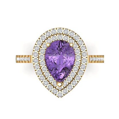 2.48 cttw Simulated Alexandrite Hidden Halo Engagement Ring - Solid Yellow Gold (VVS1, Pear Cut,10X7mm )
