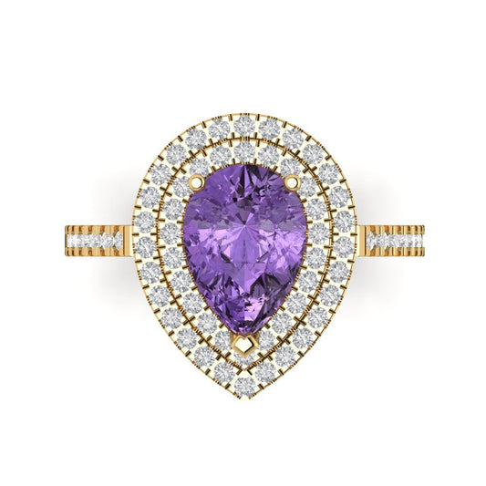 2.48 cttw Simulated Alexandrite Hidden Halo Engagement Ring - Solid Yellow Gold (VVS1, Pear Cut,10X7mm )